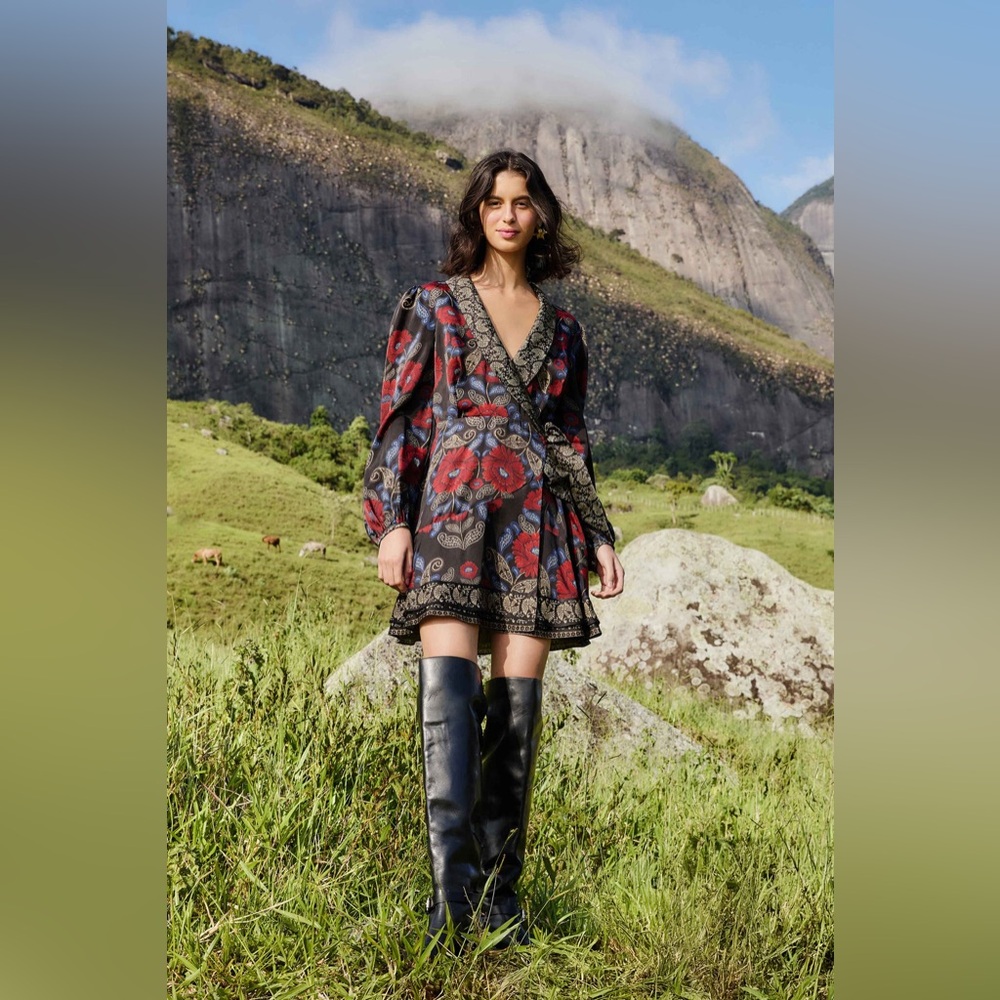 Farm Rio Black Valentina Wrap Lenzing Ecovero Viscose Mini Dress